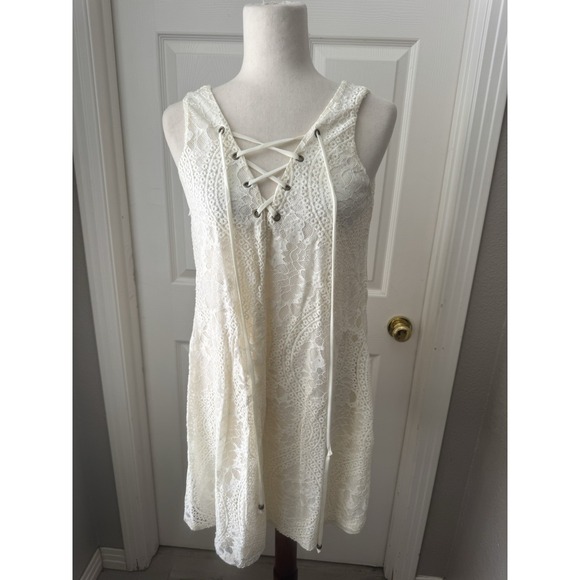 Lace Mini‎ Dress Beach Boho Hippie Babydoll White Lace Up Coquette Fairy Small - Picture 2 of 6